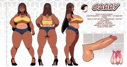 Rule 34 | 1futa, absurdres, ass, brown eyes, brown hair, bulge, character name, character sheet, commentary, condom, english commentary, futanari, hair between eyes, height, high heels, highres, lewdpenydraw, long hair, multiple views, navel, original, penis, short shorts, shorts, standing, strapless, tan, tanline, testicles, tube top, used condom