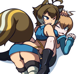 Rule 34 | 2girls, ahoge, alternate color, animal ears, ass, average-hanzo, blazblue, blush, breasts, crossover, fang, glomp, hand on another&#039;s head, hug, large breasts, linne, makoto nanaya, multiple girls, one eye closed, open mouth, squirrel ears, squirrel tail, tagme, tail, thighs, thong, under night in-birth, underboob, wink