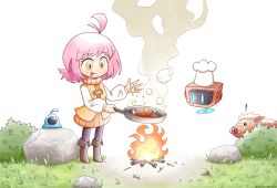 Rule 34 | :p, ahoge, bart (phoenotopia), black pants, blush, boar, boned meat, boots, brown footwear, brown sweater, brown vest, bush, campfire, chef hat, cooking, enutsuu, fire, fold-over boots, food, frying pan, full body, gail (phoenotopia), grass, gummy (phoenotopia), hat, highres, knee boots, long sleeves, looking at food, meat, no nose, outdoors, pants, phoenotopia: awakening, pink hair, puffy long sleeves, puffy sleeves, ribbed sweater, robot, rock, short hair, sleeveless, sleeveless sweater, standing, stick, sweater, tongue, tongue out, turtleneck, turtleneck sweater, vest, white background, white sleeves, yellow eyes