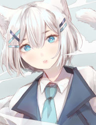 Rule 34 | 1girl, animal ears, aqua necktie, blue eyes, cat ears, cat girl, cat tail, collared shirt, commentary, commission, english commentary, hair between eyes, hair ornament, head tilt, highres, k1ruse, looking at viewer, necktie, original, shirt, short hair, solo, tail, white hair, wing collar, x hair ornament