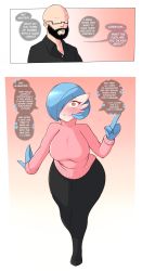 Rule 34 | 1boy, 1girl, 2koma, @ @, absurdres, ass, blue hair, comic, creatures (company), english text, facing viewer, game freak, gardevoir, gen 3 pokemon, hair over one eye, highres, nintendo, pokemon, saltyxodium, standing, sweater, thick thighs, thighs, wide hips, yellow eyes