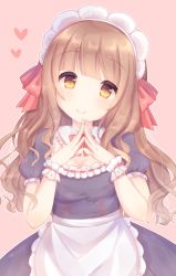 Rule 34 | 1girl, apron, black dress, blush, bow, breasts, brown background, brown eyes, brown hair, caramel (caramelmilk), cleavage, closed mouth, collar, commentary request, detached collar, dress, frilled apron, frilled collar, frills, hair bow, hands up, head tilt, heart, highres, maid, maid day, maid headdress, medium breasts, original, outline, puffy short sleeves, puffy sleeves, red bow, short sleeves, simple background, smile, solo, steepled fingers, waist apron, white apron, white collar, white outline, wrist cuffs