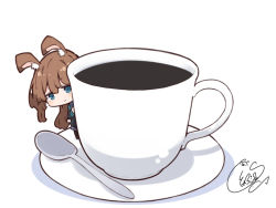 Rule 34 | 1girl, amiya (arknights), animal ear fluff, animal ears, arknights, beni shake, black jacket, blue eyes, blush, brown hair, chibi, closed mouth, coffee, commentary request, cup, hair between eyes, jacket, long sleeves, peeking out, rabbit ears, saucer, shadow, signature, smile, solo, spoon, white background