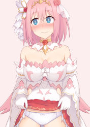 Rule 34 | 1girl, @ @, akahi242, bare shoulders, blue eyes, blush, breasts, cleavage, clothes lift, embarrassed, facing viewer, highres, lifting own clothes, looking to the side, medium breasts, panties, pink background, pink hair, princess connect!, simple background, skirt, skirt lift, solo, tiara, underwear, wavy mouth, yui (princess) (princess connect!), yui (princess connect!)