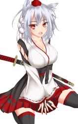 Rule 34 | 1girl, animal ears, black thighhighs, breasts, bridal gauntlets, detached sleeves, female focus, fingernails, gmot, hat, inubashiri momiji, katana, large breasts, looking at viewer, nail polish, open mouth, pleated skirt, red eyes, red nails, ribbon-trimmed sleeves, ribbon trim, sharp fingernails, sheath, sheathed, silver hair, simple background, sitting, skirt, smile, solo, sword, tail, thighhighs, tokin hat, touhou, v arms, wariza, weapon, white background, wolf ears, wolf tail