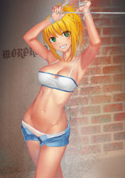 Rule 34 | 1girl, absurdres, armpits, arms up, bdsm, blonde hair, blue shorts, bondage, bound, braid, breasts, brick wall, cleavage, commentary request, denim, denim shorts, fate/apocrypha, fate (series), green eyes, grin, groin, hair over eyes, highres, kyoungi nyang, long hair, looking at viewer, medium breasts, micro shorts, mordred (fate), mordred (fate/apocrypha), mordred (memories at trifas) (fate), navel, open fly, panties, rope, shibari, short hair, short shorts, shorts, smile, solo, standing, sweat, teeth, underwear, white panties