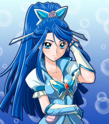Rule 34 | 00s, 1girl, adjusting hair, blue background, blue eyes, blue hair, blue theme, breasts, bubble, butterfly hair ornament, cure aqua, detached sleeves, earrings, eyelashes, flower, hair ornament, hair ribbon, jewelry, long hair, magical girl, matching hair/eyes, medium breasts, minazuki karen, muhi11234, pink flower, pink rose, ponytail, precure, ribbon, rose, solo, wide ponytail, yes! precure 5