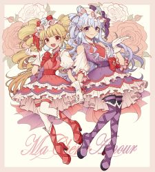 Rule 34 | 10s, 2girls, :d, aisaki emiru, ascot, bad id, bad pixiv id, blonde hair, boots, bow, bow-shaped hair, character name, closed mouth, cure amour, cure macherie, curly hair, dress, earrings, eyelashes, floral background, flower, frills, full body, gloves, hair bow, hair ornament, highres, holding hands, hugtto! precure, jewelry, knee boots, kue kue kue, long hair, looking at viewer, magical girl, multiple girls, open mouth, pink flower, pink rose, precure, purple bow, purple dress, purple eyes, purple footwear, red bow, red dress, red eyes, red footwear, rose, ruru amour, simple background, smile, thigh boots, thighhighs, thighhighs under boots, twintails, white background, white flower, white gloves, white hair, white legwear, white rose, white sleeves