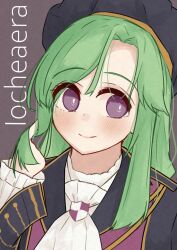 Rule 34 | 1girl, ascot, assault lily, beret, black hat, black jacket, blush, bright pupils, closed mouth, commentary request, green hair, grey background, hand up, hat, highres, jacket, long hair, long sleeves, meme (lm0009aetklim), murakami tokiwa, parted bangs, portrait, purple eyes, shirt, simple background, smile, solo, twirling hair, white ascot, white pupils, white shirt
