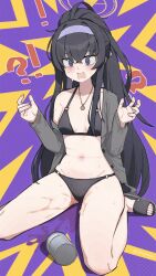 Rule 34 | 1girl, bikini, black hair, blue archive, breasts, hair between eyes, highres, jewelry, long hair, medium breasts, navel, necklace, ponytail, purple background, purple eyes, sitting, spill, swimsuit, ui (blue archive), ui (swimsuit) (blue archive), wariza, xue jiang (simoncry), yellow background, zig-zag pattern