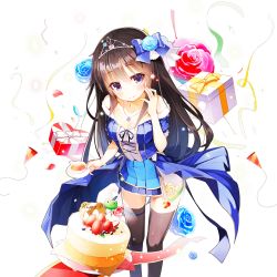 Rule 34 | 1girl, birthday cake, blue eyes, box, breasts, cake, cleavage, confetti, cup, dress, emma beauty, flower, food, gift, gift box, hair flower, hair ornament, holding, long hair, looking at viewer, official art, skirt, solo, tea, teacup, thighhighs, transparent background, uchi no hime-sama ga ichiban kawaii