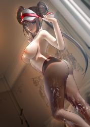 Rule 34 | 1girl, absurdres, ass, blue eyes, blurry, blurry background, breasts, brown hair, brown pantyhose, closed mouth, creatures (company), double bun, game freak, hair bun, highres, holding, holding poke ball, large breasts, long hair, looking at viewer, nanaken nana, nintendo, nipples, pantyhose, poke ball, poke ball (basic), pokemon, pokemon bw2, rosa (pokemon), sidelocks, solo, tongue, tongue out, topless, twintails, v, very long hair, visor cap, water, wet