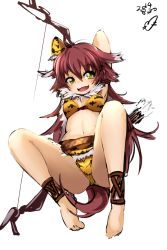 Rule 34 | 10s, 1girl, 2014, :d, animal ears, animal print, ankle wrap, arms behind head, arms up, barefoot, bella (sennen sensou aigis), belt, blush, bow (weapon), brown hair, dated, full body, green eyes, highres, jumping, long hair, momo (higanbana and girl), navel, open mouth, quiver, sennen sensou aigis, signature, simple background, smile, solo, tiger print, very long hair, weapon, white background