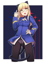 Rule 34 | 1girl, absurdres, animal ears, black pantyhose, blonde hair, blush, breasts, cameltoe, cat ears, cat tail, collared jacket, dragoncastle, glasses, hand on own hip, highres, jacket, long hair, looking at viewer, military, military jacket, military uniform, neckerchief, open mouth, outside border, panties, panties under pantyhose, pantyhose, perrine h. clostermann, small breasts, solo, strike witches, tail, underwear, uniform, white neckerchief, white panties, world witches series, yellow eyes