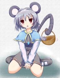 Rule 34 | 1girl, animal ears, basket, female focus, full body, grey hair, highres, hiiragi mitsuna, jewelry, mouse (animal), mouse ears, mouse tail, nazrin, pendant, red eyes, short hair, sitting, solo, tail, touhou