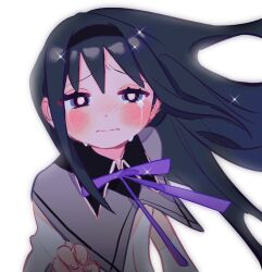 Rule 34 | 1girl, absurdres, akemi homura, akemi homura (magical girl), black hair, black hairband, blush, capelet, closed mouth, collared capelet, collared shirt, crying, dot nose, floating clothes, floating hair, from above, furrowed brow, hair intakes, hairband, half-closed eyes, hand up, highres, kerberos (kerbe ), long hair, long sleeves, looking ahead, mahou shoujo madoka magica, mahou shoujo madoka magica (anime), neck ribbon, purple eyes, purple ribbon, ribbon, shirt, simple background, solo, streaming tears, sweater, tears, upper body, very long hair, white background, white shirt, white sweater, wing collar