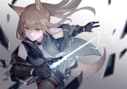 Rule 34 | 1girl, animal ears, arknights, black gloves, black jacket, blurry, breasts, brown hair, brown pantyhose, closed mouth, collared shirt, commentary, cowboy shot, debris, depth of field, electricity, fox ears, fox girl, fox tail, franka (arknights), gloves, glowing, glowing sword, glowing weapon, gradient background, grey background, grey necktie, grey shirt, grey shorts, hair between eyes, half updo, highres, holding, holding sword, holding weapon, jacket, long hair, medium breasts, miike (992058), necktie, off shoulder, open clothes, open jacket, outstretched arm, pantyhose, partially fingerless gloves, ponytail, running, shirt, short shorts, shorts, simple background, sleeveless, sleeveless shirt, solo, strap, sword, tail, thigh strap, v-shaped eyebrows, weapon, wing collar, yellow eyes