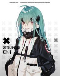 Rule 34 | 1girl, absurdres, ahoge, bags under eyes, black jacket, copyright request, dated, drawstring, gradient background, green hair, grey background, hair between eyes, hair ornament, hands in pockets, high collar, highres, huge filesize, jacket, long hair, pinyin text, red eyes, solo, teeth, translation request, upper body, upper teeth only, very long hair, white background, x, x hair ornament, xiao chichi, zipper pull tab