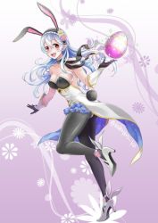 Rule 34 | 1girl, alternate costume, animal ears, bare shoulders, breasts, cleavage, coattails, corrin (female) (fire emblem), corrin (fire emblem), easter, easter egg, egg, fire emblem, fire emblem fates, fire emblem heroes, flower, full body, gloves, high heels, ichino tomizuki, long hair, nintendo, open mouth, pantyhose, pointy ears, rabbit ears, rabbit girl, rabbit tail, red eyes, solo, tail, twitter username