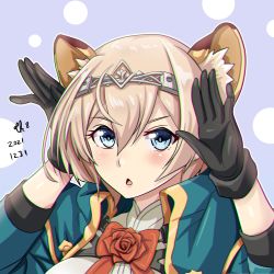 Rule 34 | 1girl, animal ears, artist name, black gloves, blonde hair, blue eyes, dated, flower, gloves, hair between eyes, hairband, highres, kantai collection, military, military uniform, official alternate hair length, official alternate hairstyle, open mouth, portrait, red flower, red ribbon, red rose, ribbon, rose, short hair, signature, solo, tiara, tiger ears, tk8d32, uniform, victorious (kancolle)