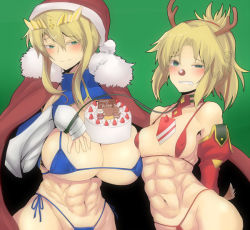 Rule 34 | 2girls, abs, antlers, arms behind back, artoria pendragon (fate), artoria pendragon (lancer) (fate), bikini, blonde hair, blue bikini, blush, braid, breasts, cake, cake slice, cape, choker, christmas, cleavage, collarbone, covered erect nipples, crown, fate/grand order, fate (series), food, french braid, fur-trimmed cape, fur trim, gauntlets, green eyes, hair ornament, hat, horns, large breasts, leash, long hair, mature female, mordred (fate), mordred (fate/apocrypha), mother and daughter, multiple girls, muscular, muscular female, navel, ponytail, red bikini, red cape, red nose, red scrunchie, reindeer antlers, santa hat, scrunchie, strawberry shortcake, swimsuit, white background