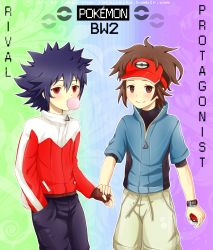 Rule 34 | 10s, 2boys, blush, brown eyes, chewing gum, copyright name, creatures (company), fingerless gloves, full body, game freak, gloves, highres, holding, holding poke ball, hugh (pokemon), male focus, multiple boys, nate (pokemon), nintendo, poke ball, pokemon, pokemon bw2, purple hair, red eyes, smile, spiked hair, takai seika, watch, wristwatch, yaoi