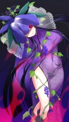 Rule 34 | 1girl, black gloves, black hair, breasts, china dress, chinese clothes, dress, elbow gloves, floral print, flower, flower on head, food, fruit, gloves, glowing, glowing eye, gradient background, grapes, highres, large breasts, long hair, muchin jousha, multicolored background, orchid, purple dress, purple lips, shaded face, smile, solo, thighs, touhou, yomotsu hisami