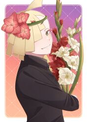 Rule 34 | 1boy, ahoge, alternate costume, blonde hair, border, bouquet, collared shirt, commentary request, creatures (company), eyelashes, flower, from side, game freak, gladion (pokemon), green eyes, grin, hair flower, hair ornament, hair over one eye, highres, holding, holding flower, looking at viewer, looking to the side, male focus, mocacoffee 1001, nintendo, pink flower, pokemon, pokemon sm, shirt, short hair, smile, solo, teeth, upper body, white border