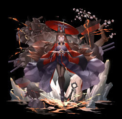 Rule 34 | 1girl, absurdres, amagi (azur lane), anchor, animal ears, animal print, artillery, azur lane, bird, black background, breasts, brown hair, brown pantyhose, brown tail, chain, cherry blossoms, chinese commentary, coat, crane (animal), floating clothes, floating hair, fox ears, fox tail, full body, highres, japanese clothes, jfzm001, kimono, kitsune, kyuubi, large breasts, long hair, long sleeves, looking at viewer, metal belt, lava, multiple tails, oil-paper umbrella, own hands together, pantyhose, purple eyes, purple kimono, red coat, red umbrella, rigging, rudder footwear, sakuramon, simple background, solo, standing, stone, tachi-e, tail, torn clothes, torn pantyhose, tree, turret, umbrella, wide sleeves