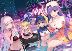 Rule 34 | 6+girls, ahoge, artoria pendragon (fate), baseball cap, bb (fate), bb (fate) (all), bb (swimsuit mooncancer) (fate), bb (swimsuit mooncancer) (first ascension) (fate), bikini, braid, breasts, building, chair, cup, disposable cup, drinking straw, fate/grand order, fate (series), female focus, hairband, hat, highres, horns, ibaraki douji (fate), ibaraki douji (fate/grand order), ibaraki douji (swimsuit lancer) (fate), ibaraki douji (swimsuit lancer) (first ascension) (fate), inflatable orca, inflatable toy, jeanne d&#039;arc alter (swimsuit berserker) (fate), jeanne d&#039;arc (fate), jeanne d&#039;arc (swimsuit archer) (fate), jeanne d&#039;arc (swimsuit archer) (first ascension) (fate), jeanne d&#039;arc alter (fate), jeanne d&#039;arc alter (swimsuit berserker) (fate), large breasts, long hair, lounge chair, medb (fate), medb (swimsuit saber) (fate), medb (swimsuit saber) (second ascension) (fate), motto (night wear), multiple girls, mysterious heroine x (fate), mysterious heroine xx (fate), neon lights, night, one eye closed, palm tree, parasol, ponytail, pool, revision, skyscraper, smile, swimsuit, tree, umbrella, ushiwakamaru (fate), ushiwakamaru (fate/grand order), ushiwakamaru (swimsuit assassin) (fate), ushiwakamaru (swimsuit assassin) (first ascension) (fate), wet