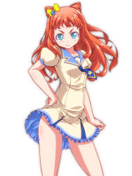 Rule 34 | 10s, 1girl, aikatsu!, aikatsu! (series), aikatsu stars!, blue necktie, bow, closed mouth, collared dress, cone hair bun, cowboy shot, dress, emblem, frilled dress, frills, hair bow, hair bun, hand on own hip, kikuchi tsutomu, long hair, looking at viewer, necktie, puffy short sleeves, puffy sleeves, saotome ako, school uniform, short sleeves, simple background, smile, solo, standing, v-shaped eyebrows, white background, white dress, yellow bow