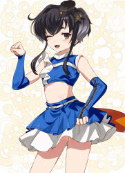 Rule 34 | 1girl, absurdres, alternate costume, arm warmers, black hair, blue skirt, blush, breasts, brown eyes, cheerleader, commission, crop top, fox tail, gradient hair, grey hair, hairband, hat, highres, hokkaido nippon-ham fighters, kanmiya shinobu, kantai collection, kitsune dance, looking at viewer, mini hat, miniskirt, multicolored hair, nippon professional baseball, one eye closed, open mouth, paw pose, pleated skirt, short hair, short hair with long locks, skeb commission, skirt, small breasts, smile, solo, tail, tokitsukaze (kancolle)