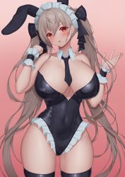 Rule 34 | 1girl, :o, absurdres, alternate costume, animal ears, azur lane, bare shoulders, black leotard, black necktie, blush, breasts, clenched hand, covered navel, cowboy shot, detached collar, ear piercing, enmaided, formidable (azur lane), frills, gradient background, hair between eyes, hair ribbon, hands up, highres, large breasts, leotard, light brown hair, looking at viewer, maid, maid headdress, necktie, open hand, open mouth, piercing, pink background, pinkcap, playboy bunny, rabbit ears, red eyes, ribbon, short necktie, solo, thighhighs, thighs, wide hips, wrist cuffs