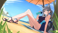 Rule 34 | 1girl, absurdres, animal ear fluff, animal ears, arm support, bag, bare arms, bare legs, beach towel, beach umbrella, blue archive, blue eyes, bottle, breasts, cat ears, closed mouth, competition swimsuit, covered navel, full body, grey hair, hair ornament, highres, holding, holding bottle, jaws (okdol0928), knees up, long hair, looking at viewer, medium breasts, one-piece swimsuit, outdoors, ponytail, sand, sandals, school bag, shiroko (blue archive), shiroko (swimsuit) (blue archive), sideboob, sitting, solo, swimsuit, towel, umbrella, unfinished, water bottle, x hair ornament