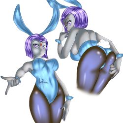 Rule 34 | 1girl, animal ears, blue leotard, breasts, dc comics, dilane93, fake tail, female focus, hand on own hip, leotard, looking at viewer, pantyhose, playboy bunny, pointing, pointing at viewer, purple eyes, purple hair, rabbit ears, rabbit tail, raven (dc), short hair, solo, tail, teen titans