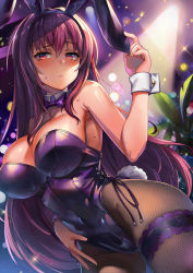 Rule 34 | 1girl, animal ears, armpits, breasts, cleavage, covered navel, cowboy shot, fake animal ears, fate/grand order, fate (series), fishnet pantyhose, fishnets, highres, large breasts, leaf, leotard, long hair, looking at viewer, moze, official alternate costume, pantyhose, playboy bunny, purple hair, purple leotard, rabbit ears, rabbit tail, red eyes, scathach (fate), scathach (piercing bunny) (fate), shiny skin, shiron (30750038), solo, tail, wrist cuffs