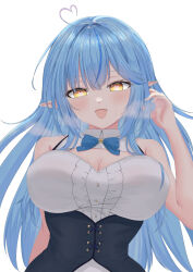 Rule 34 | 1girl, ahoge, bare shoulders, blue hair, breasts, breath, cleavage, forked tongue, heart, heart ahoge, highres, hololive, large breasts, long hair, looking at viewer, open mouth, pointy ears, scarlet mirin, simple background, solo, sweat, tongue, upper body, virtual youtuber, yellow eyes, yukihana lamy