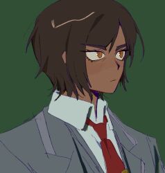 Rule 34 | 1girl, black coat, black vest, brown eyes, brown hair, closed mouth, coat, collared shirt, dark-skinned female, dark skin, green background, highres, limbus company, looking to the side, official art, outis (project moon), portrait, project moon, shirt, short hair, simple background, solo, tie clip, vellmori, vest, white shirt, wing collar