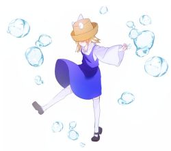 Rule 34 | 1girl, black footwear, blonde hair, brown hat, bubble, closed eyes, closed mouth, hat, moriya suwako, outstretched arms, purple skirt, purple vest, shirt, shoes, simple background, skirt, skirt set, smile, solo, thighhighs, touhou, tsukimoto aoi, turtleneck, vest, white background, white shirt, white thighhighs, wide sleeves