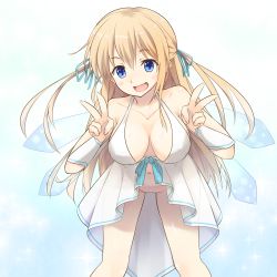 Rule 34 | 10s, 1girl, amagi brilliant park, bent over, blonde hair, blue eyes, bow, breasts, cleavage, double v, hair bow, hair ribbon, highres, kutata, large breasts, long hair, looking at viewer, navel, no panties, ribbon, solo, sylphy (amaburi), two side up, v