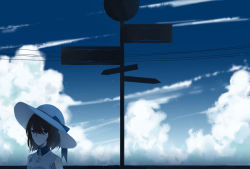 Rule 34 | 1girl, :|, aqua-, bare shoulders, black eyes, black hair, blouse, blue sky, breasts, closed mouth, cloud, collared shirt, commentary, direction board, expressionless, eyebrows hidden by hair, hat, high collar, highres, light particles, looking at viewer, medium breasts, original, shade, shirt, short hair, sky, sleeveless, sleeveless shirt, solo, sun hat, upper body, white hat, white shirt