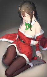 Rule 34 | 1girl, absurdres, bad id, bad pixiv id, bare shoulders, belt, black background, black belt, black hair, black pantyhose, blush, breasts, christmas, cleavage, coat, detached collar, dress, fur-trimmed coat, fur-trimmed dress, fur trim, green neckwear, hair between eyes, hair ornament, hairclip, highres, kantai collection, long hair, long sleeves, medium breasts, oyashio (kancolle), pallad, pantyhose, red coat, red dress, ribbon, simple background, sitting, solo, strapless, strapless dress, yellow eyes