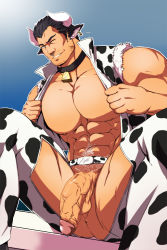 Rule 34 | 1boy, 2021, abs, animal ears, animal print, bara, bare pectorals, bell, bulge, chinese zodiac, clothing cutout, cow boy, cow ears, cow horns, cow print, crotchless, crotchless pants, facial hair, feet out of frame, flaccid, horns, jacket, kito (clamp5656), large pectorals, male focus, mature male, muscular, muscular male, navel, navel hair, neck bell, nipples, no male underwear, one eye closed, open clothes, open jacket, original, paid reward available, pants, pectorals, penis, print jacket, print pants, seductive smile, short hair, sideburns, smile, solo, spread legs, stomach, stubble, textless version, thick thighs, thigh cutout, thighs, uncensored, undressing, veins, veiny penis, year of the ox