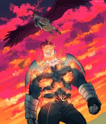 Rule 34 | 2boys, armor, blonde hair, blue eyes, boku no hero academia, couple, covered abs, endeavor (boku no hero academia), facial hair, feathered wings, fiery hair, fire, flying, hawks (boku no hero academia), large pectorals, looking up, male focus, mature male, multiple boys, muscular, muscular male, ohhhhhhtsu, pauldrons, pectorals, red hair, red wings, scar, scar across eye, scar on face, short hair, shoulder armor, sideburns, spiked hair, spread wings, stubble, sunset, thick thighs, thighs, wings