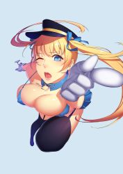 Rule 34 | 1girl, absurdres, bikini, bikini top only, black thighhighs, blonde hair, blue background, blue eyes, blue ribbon, blue skirt, blush, breasts, cleavage, covered erect nipples, cuffs, detached collar, eyebrows, floating hair, from above, full body, garter straps, gloves, hair ribbon, handcuffs, hat, highres, long hair, looking at viewer, neck ribbon, one eye closed, original, outstretched arms, pleated skirt, pointing, pointing at viewer, police, police uniform, policewoman, rekaerb maerd, ribbon, shade, shoes, simple background, skirt, solo, strap gap, swimsuit, thighhighs, twintails, uniform, white gloves