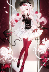 Rule 34 | 1girl, bare shoulders, black footwear, black gloves, black hat, black shirt, closed mouth, commentary request, cube, demon horns, flower, gloves, hat, highres, horns, juexing (moemoe3345), long hair, looking at viewer, original, pink hair, pleated skirt, red eyes, red flower, red thighhighs, rose, shirt, shoes, skirt, sleeveless, sleeveless shirt, smile, solo, thighhighs, time of awakening, twintails, very long hair, white flower, white rose, white skirt