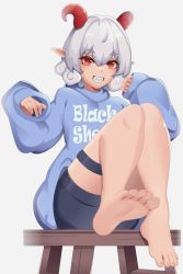 Rule 34 | 1girl, absurdres, adapted costume, barefoot, bike shorts, blue hoodie, blue shorts, callmaichi, clothes writing, commentary request, curly hair, foot focus, highres, hood, hoodie, horizontal pupils, horns, leg strap, long sleeves, pointy ears, red eyes, red horns, sharp teeth, sheep horns, shorts, simple background, sitting, sleeves past wrists, soles, solo, teeth, thigh strap, toenails, toes, touhou, toutetsu yuuma, white background, white hair