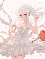 Rule 34 | 1girl, 9-nine-, armpits, bare arms, bare shoulders, blush, bouquet, bow, braid, breasts, bride, cleavage, closed mouth, collarbone, dress, expressionless, falling petals, flower, frilled dress, frills, grey hair, hair ribbon, hands up, long hair, looking to the side, medium breasts, miscanthus, niimi sora, petals, ponytail, red eyes, red flower, red rose, ribbon, rose, simple background, single braid, sleeveless, sleeveless dress, solo, standing, wavy hair, wedding dress, white background, white bow, white dress, wind, wind lift