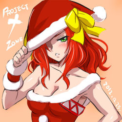 Rule 34 | 1girl, blush, bow, breasts, christmas, cleavage, dated, green eyes, haruyama kazunori, hat, kouryuuji mii, long hair, looking at viewer, one eye covered, project x zone, red hair, santa hat, simple background, solo