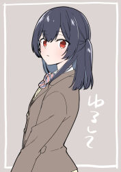 Rule 34 | 1girl, black hair, blazer, blue bow, border, bow, brown jacket, diagonal-striped bow, from side, grey background, hair between eyes, idolmaster, idolmaster shiny colors, jacket, long sleeves, looking at viewer, medium hair, morino rinze, one side up, parted lips, pepuko, red bow, red eyes, sidelocks, solo, striped, upper body, white border